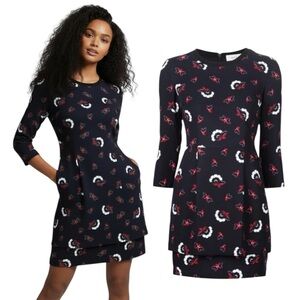 N LOG Womens Navy Floral Print 3/4 Sleeve Layered Hem Dress